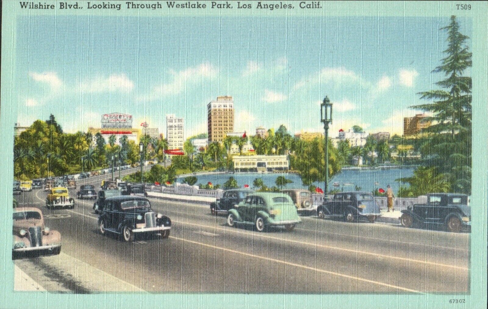 Wilshire Blvd 1930\'s & 1940\'s Cars Los Angeles California VINTAGE POSTCARD 1108