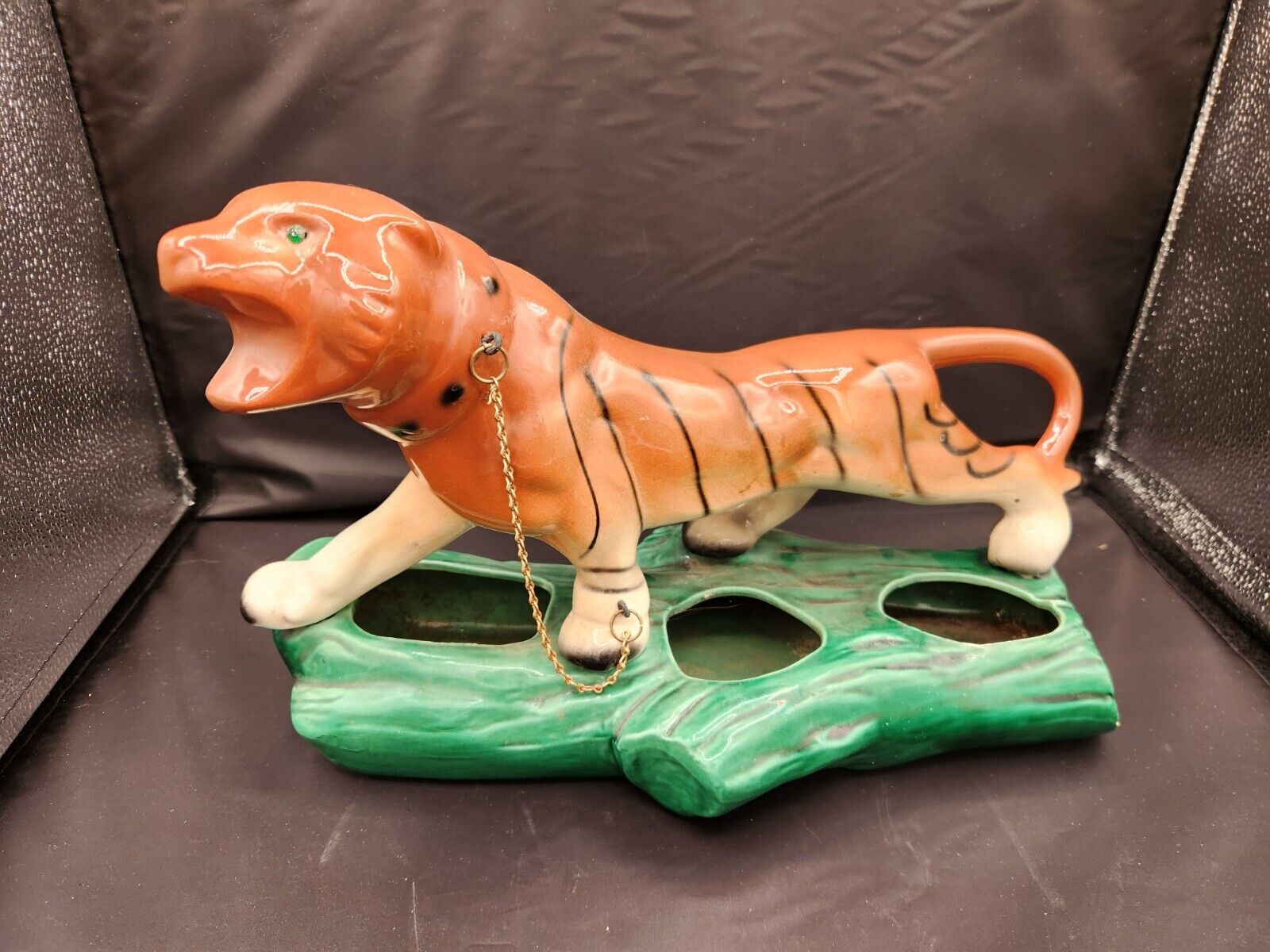 Mid-Century Figural Ceramic Console TV Planter of Tiger Standing on Green Log
