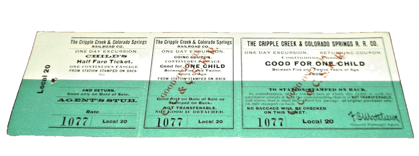 1915-1919 CRIPPLE CREEK & COLORADO SPRINGS RAILROAD UNUSED HALF FARE TICKET