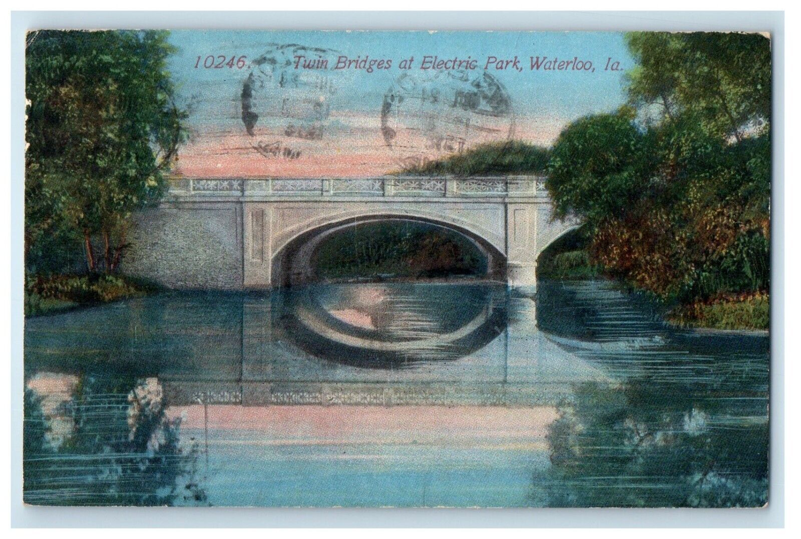 1914 View OfTwin Bridge At Electric Park Waterloo Iowa IA Antique Postcard