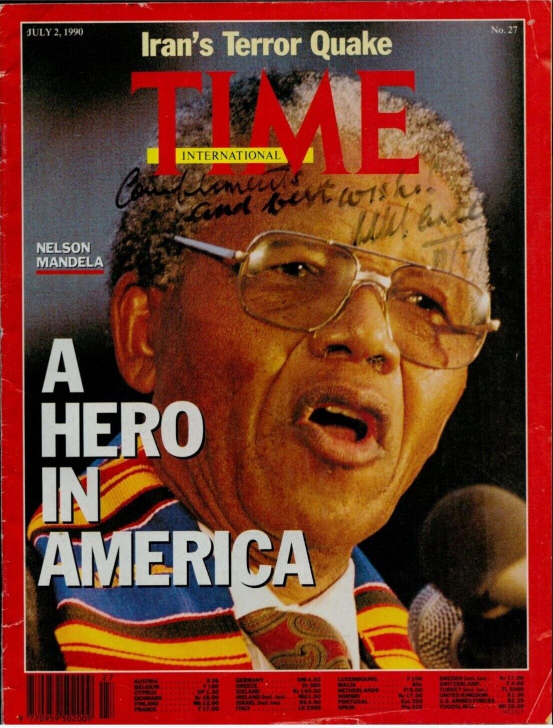 RARE SIGNED Nelson Mandela Auotgraphed 1990 Time Magazine w COA