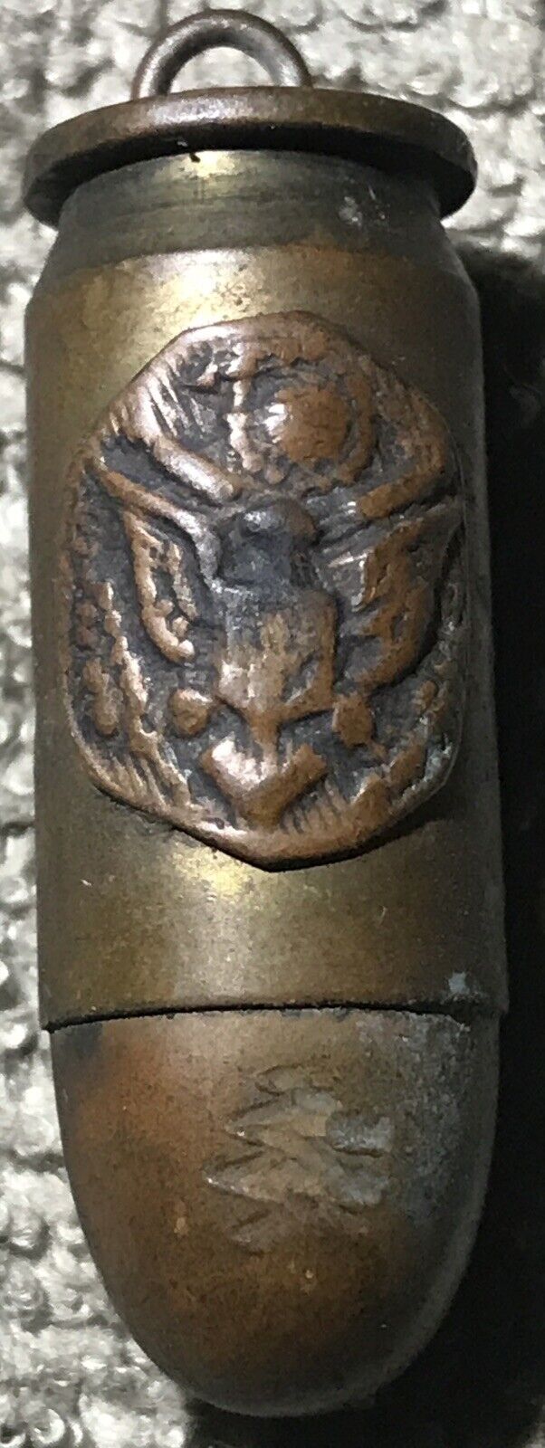 Vintage WWI Trench Art 45 Cal Bullet Necklace Charm Army Eagle Emblem Shell Rare
