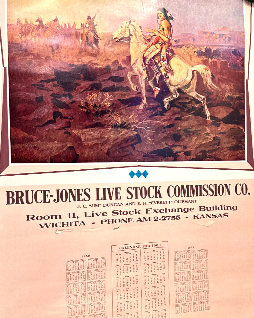 1960 Charles Russell LIVESTOCK cattle Calendar Poster western Wichita KS 42x31