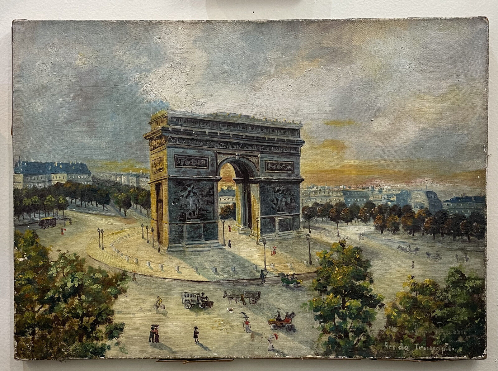 Antique French Oil on Canvas Arc de Triomphe Paris Signed c1920