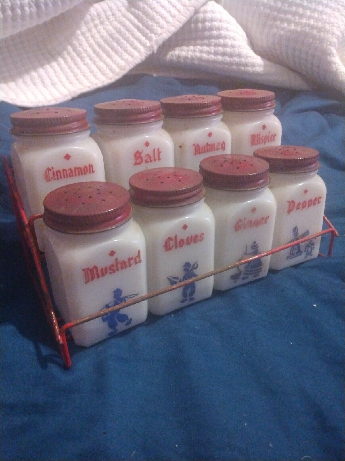 Vintage Set 8 Milk Glass Spice Shakers Red Lids W/ Rack Dutch ORIGINAL LABELS