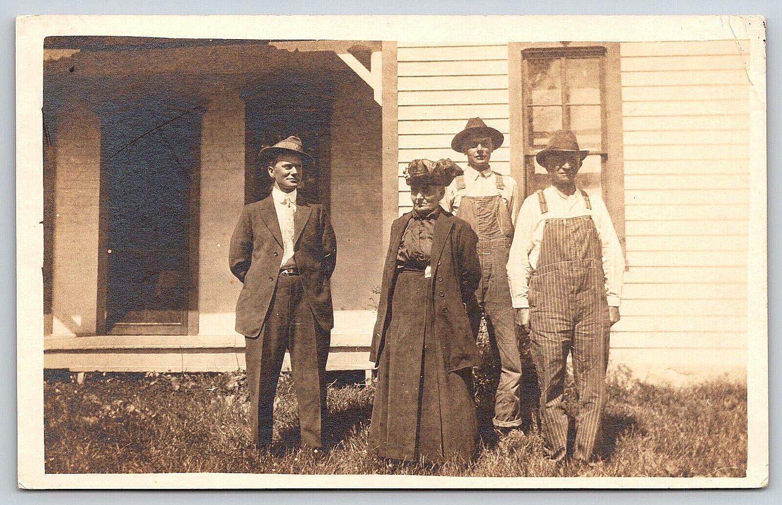 Original RPPC, Family Photo Outside Of House, Hats, Antique, Vintage Postcard