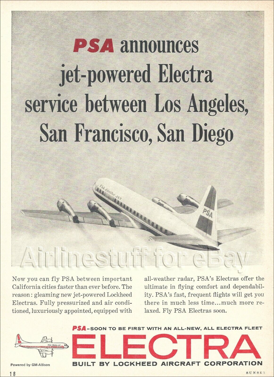 1959 PSA Pacific Southwest Airlines AD airways advert LOCKHEED ELECTRA L-188