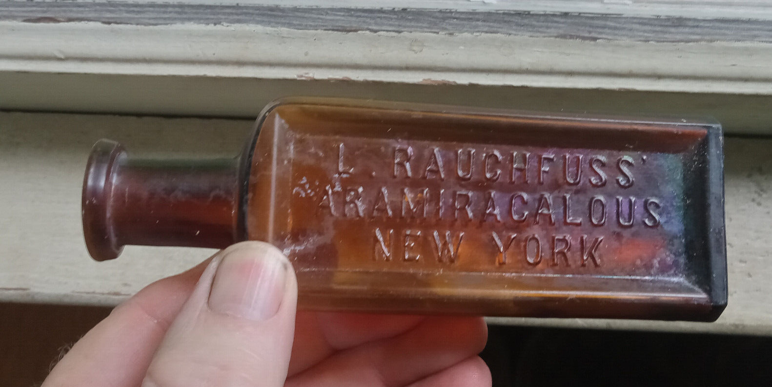L.RAUCHFUSS ARAMIRACALOUS NEW YORK SCARCE AMBER 1890s QUACK MEDICINE BOTTLE