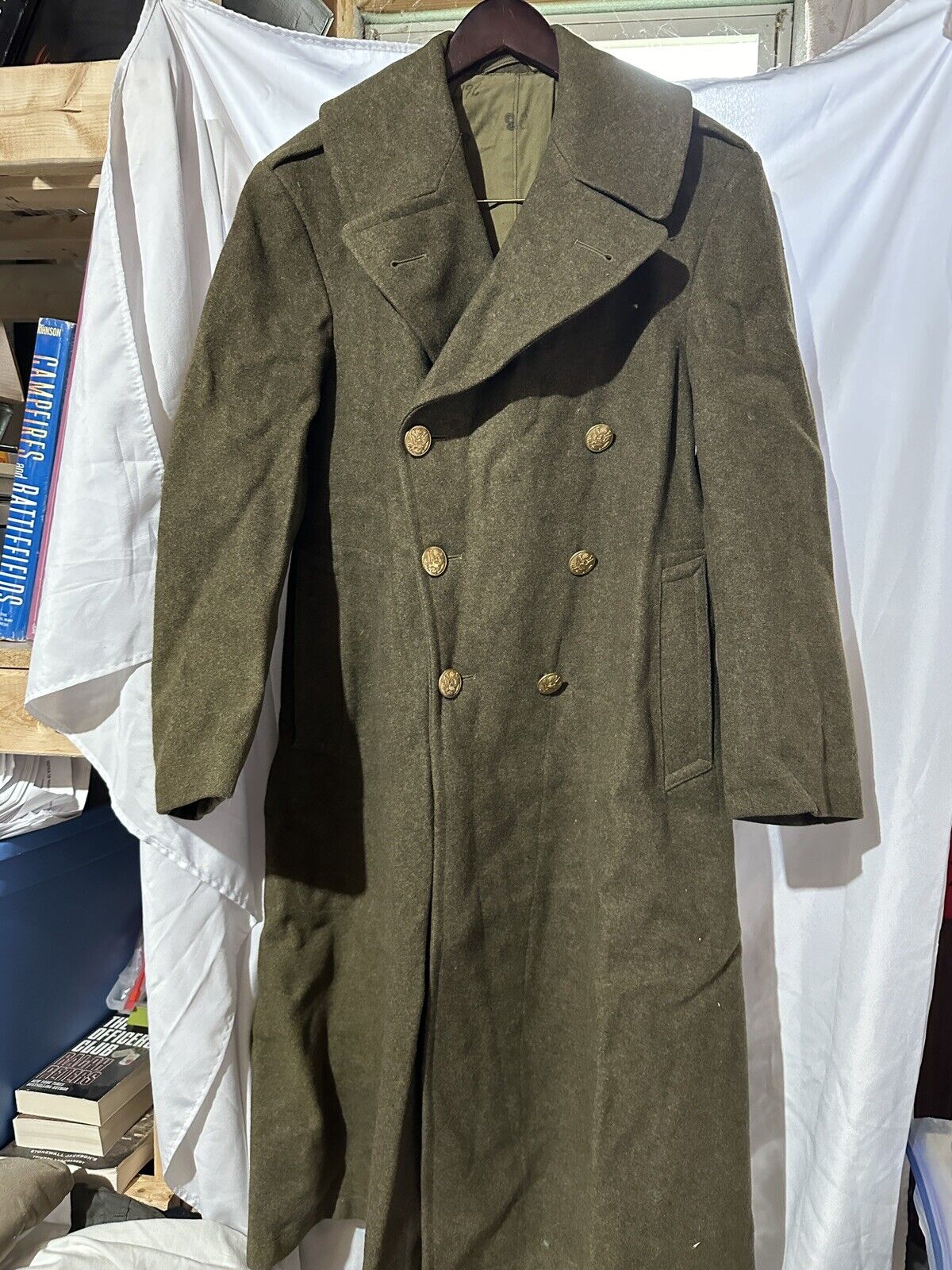 Vintage 1941 WW2 US Army Enlisted Trench Coat Overcoat 36R Heavy Wool Green