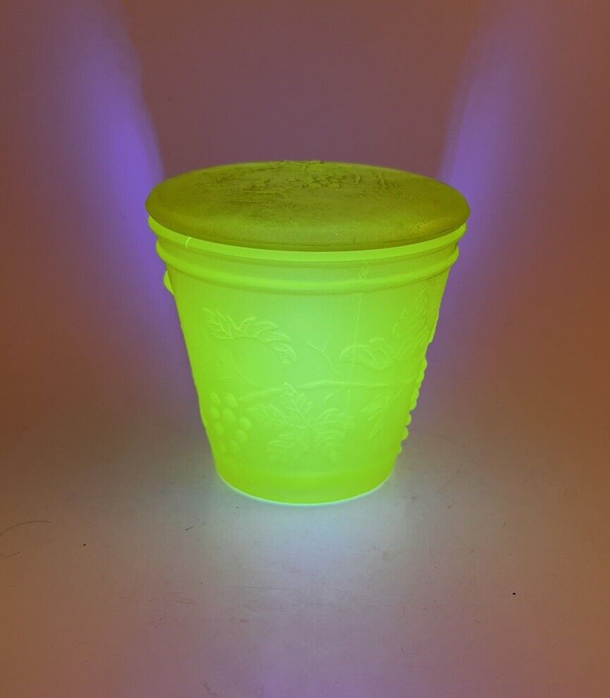 Portieux Vallerystahl France Uranium glass  Pale Yellow Grape VineVanity Jar