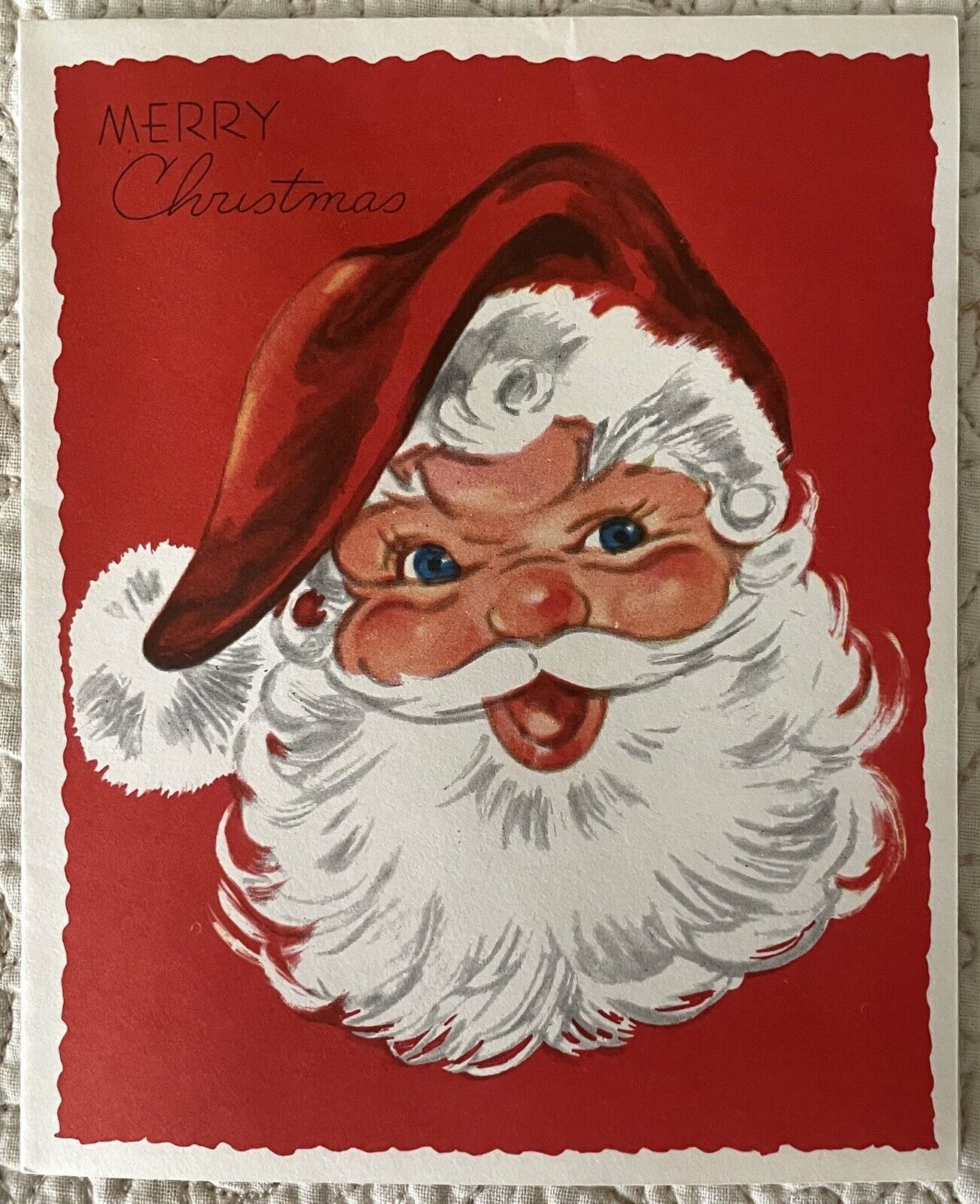 Unused Christmas Santa Face Round Nose Cheeks Vtg Greeting Card 1950s 1960s