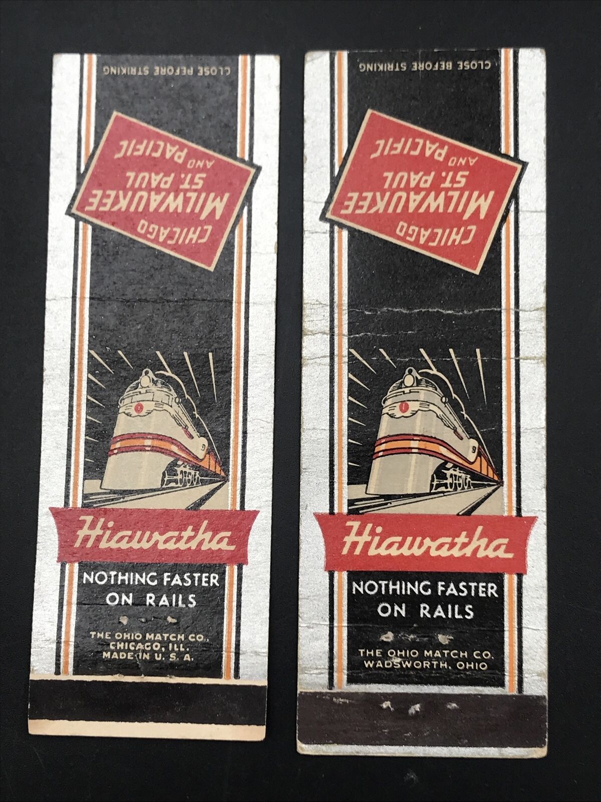 2 Vintage Hiawatha CMStP&P Nothing Faster On Rails  Railroad Matchbook Covers