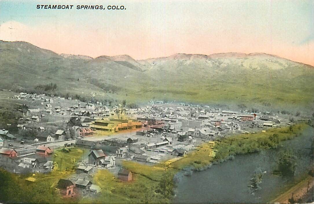 Hand Colored Postcard Birdseye View of Steamboat Springs, Colorado - ca 1909