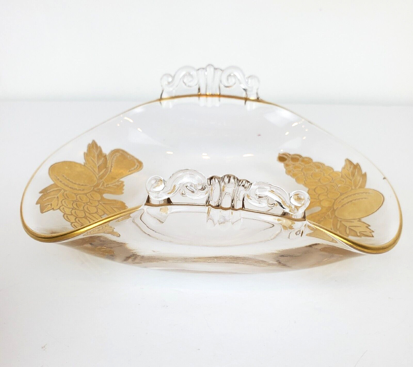 Vintage Clear Folded Glass w/ Gold Inlay Pinecone Design Handled Dish Bowl Tray