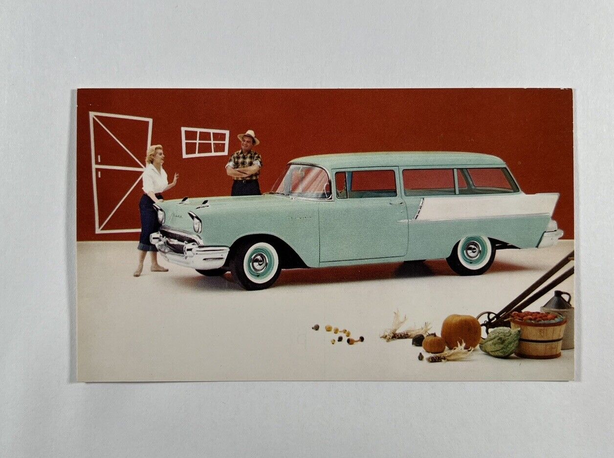 Original 1957 Postcard Chevrolet One-Fifty Handyman in India Ivory Surf Green