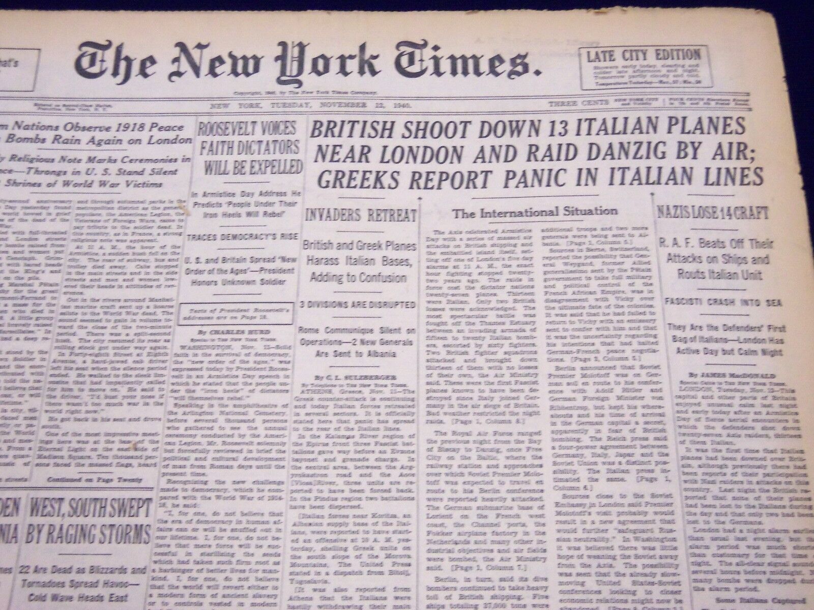 1940 NOV 12 NEW YORK TIMES - BRITISH SHOOT DOWN 13 ITALIAN PLANES - NT 330