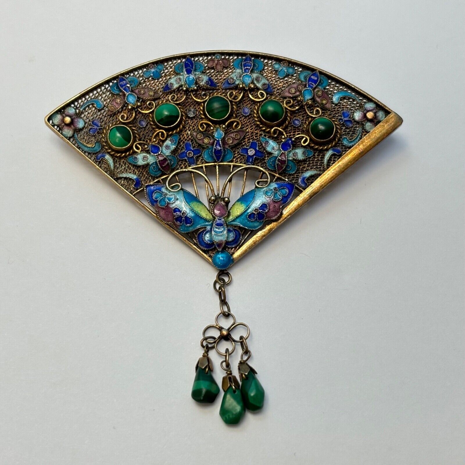 Antique Chinese Enameled Silver Fan Butterfly Pin Brooch