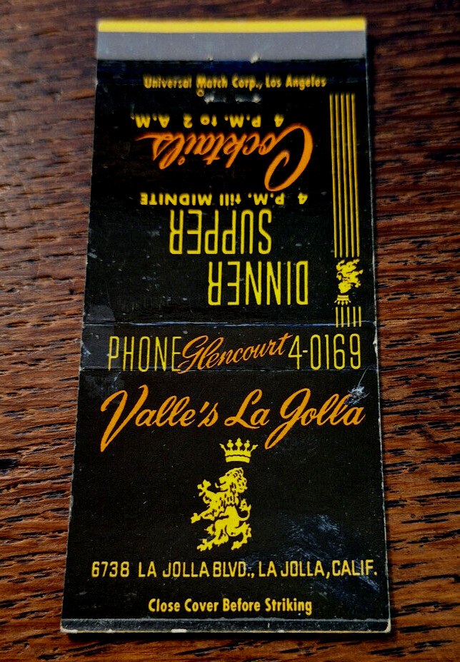 Vintage Matchbook: Valle\'s Restaurant, La Jolla, CA