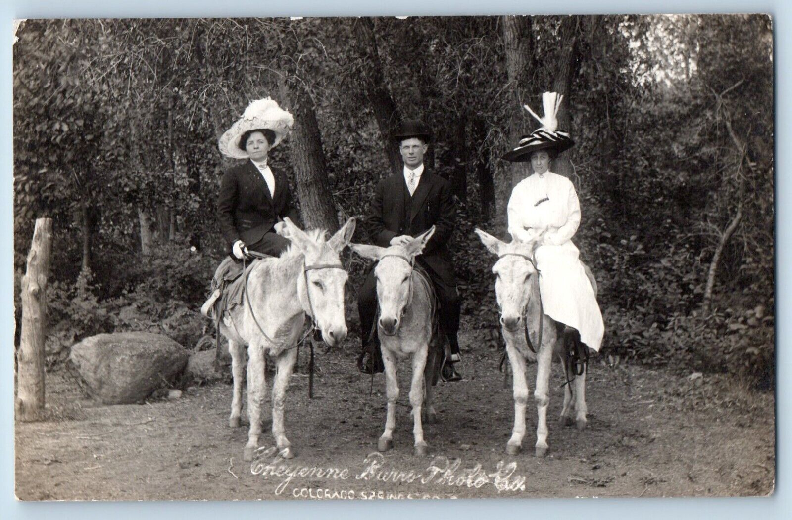 Colorado Spring CO Postcard RPPC Photo Cheyenne Burrs Woman Riding Mule c1910's