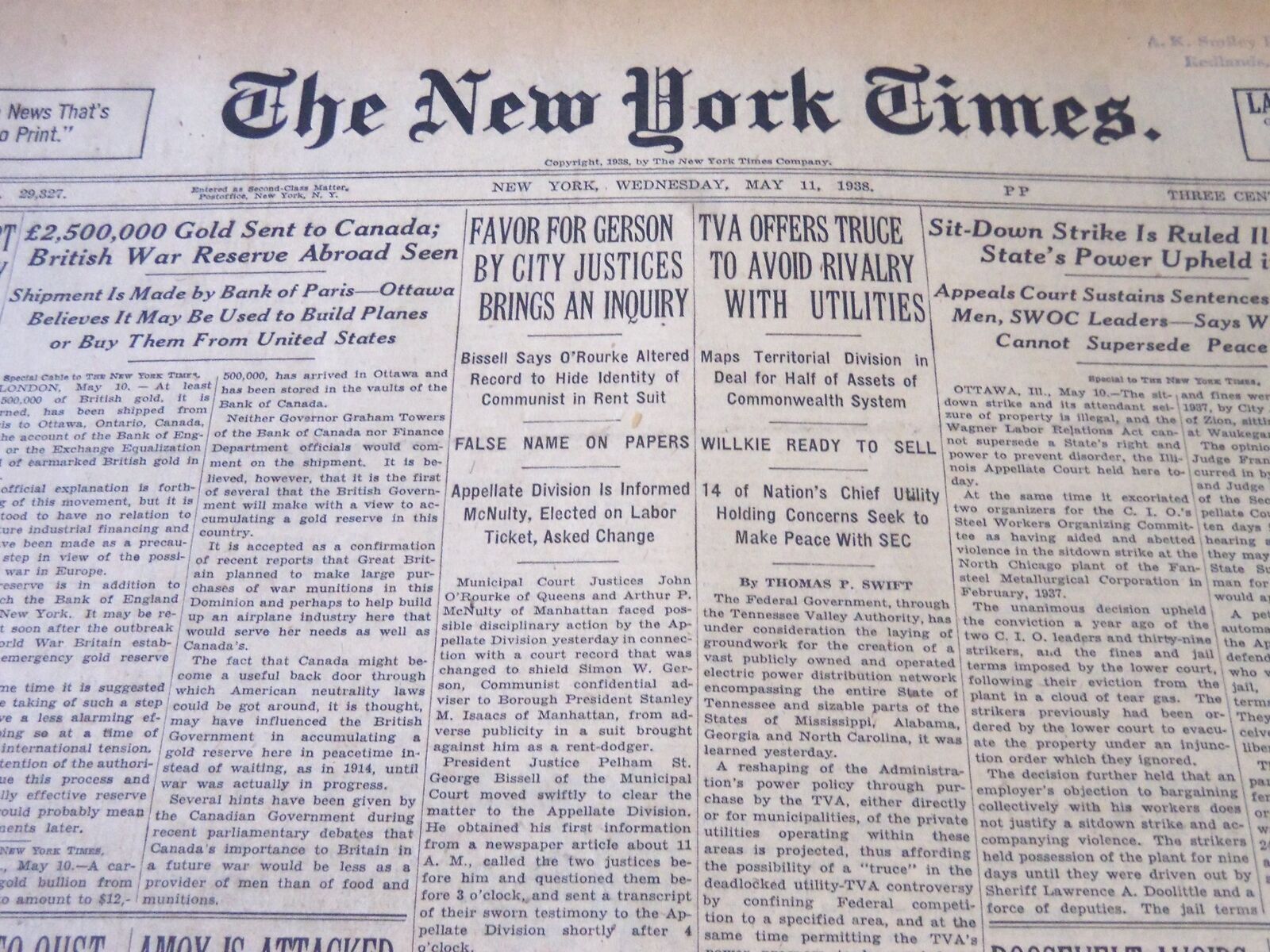 1938 MAY 11 NEW YORK TIMES - TVA OFFERS TRUCE TO AVOID RIVALRY - NT 6263