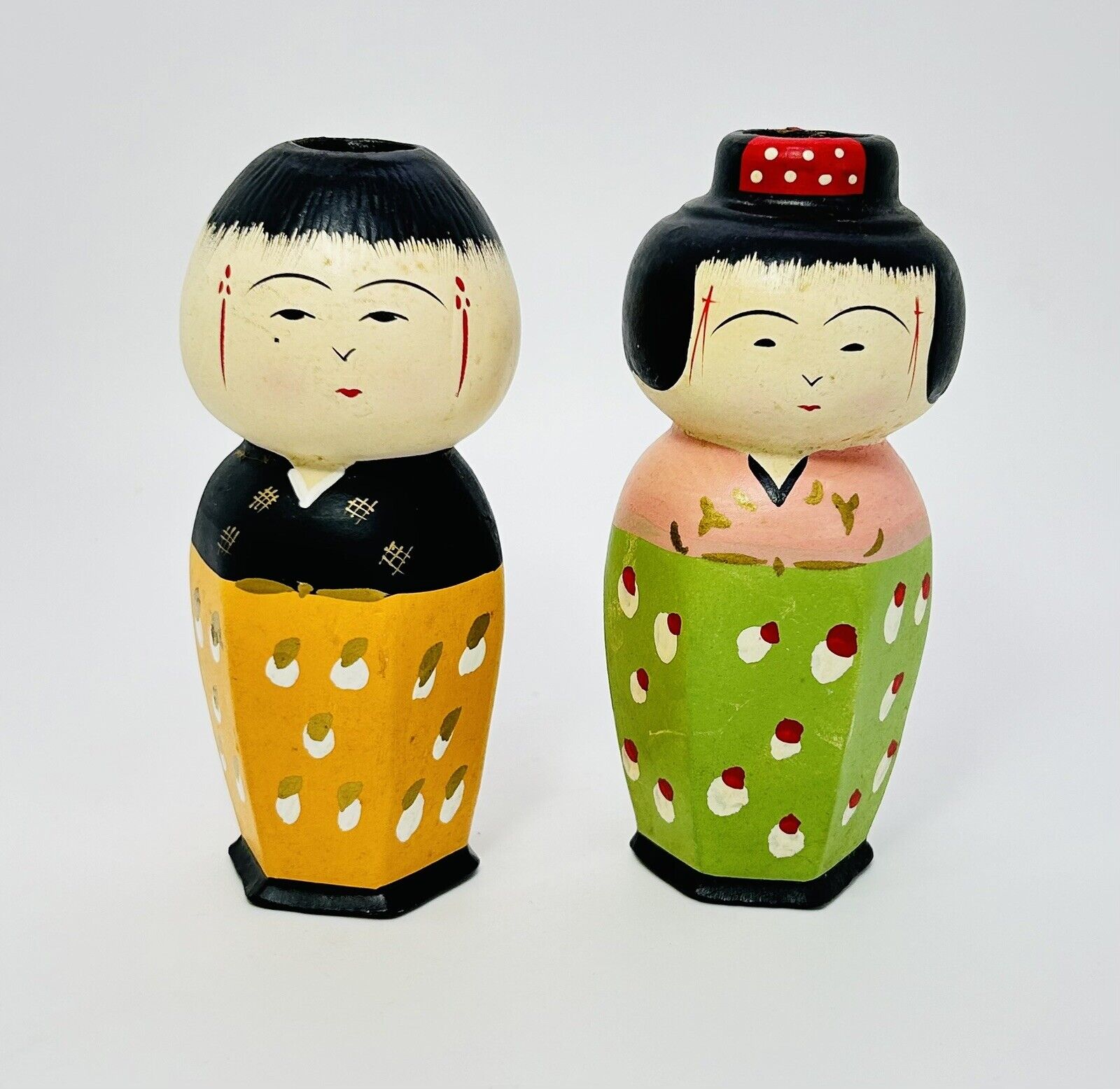 Vtg Japanese Pair of Kokeshi Doll Vase or Pen Holder Figurine Boy Girl Decor