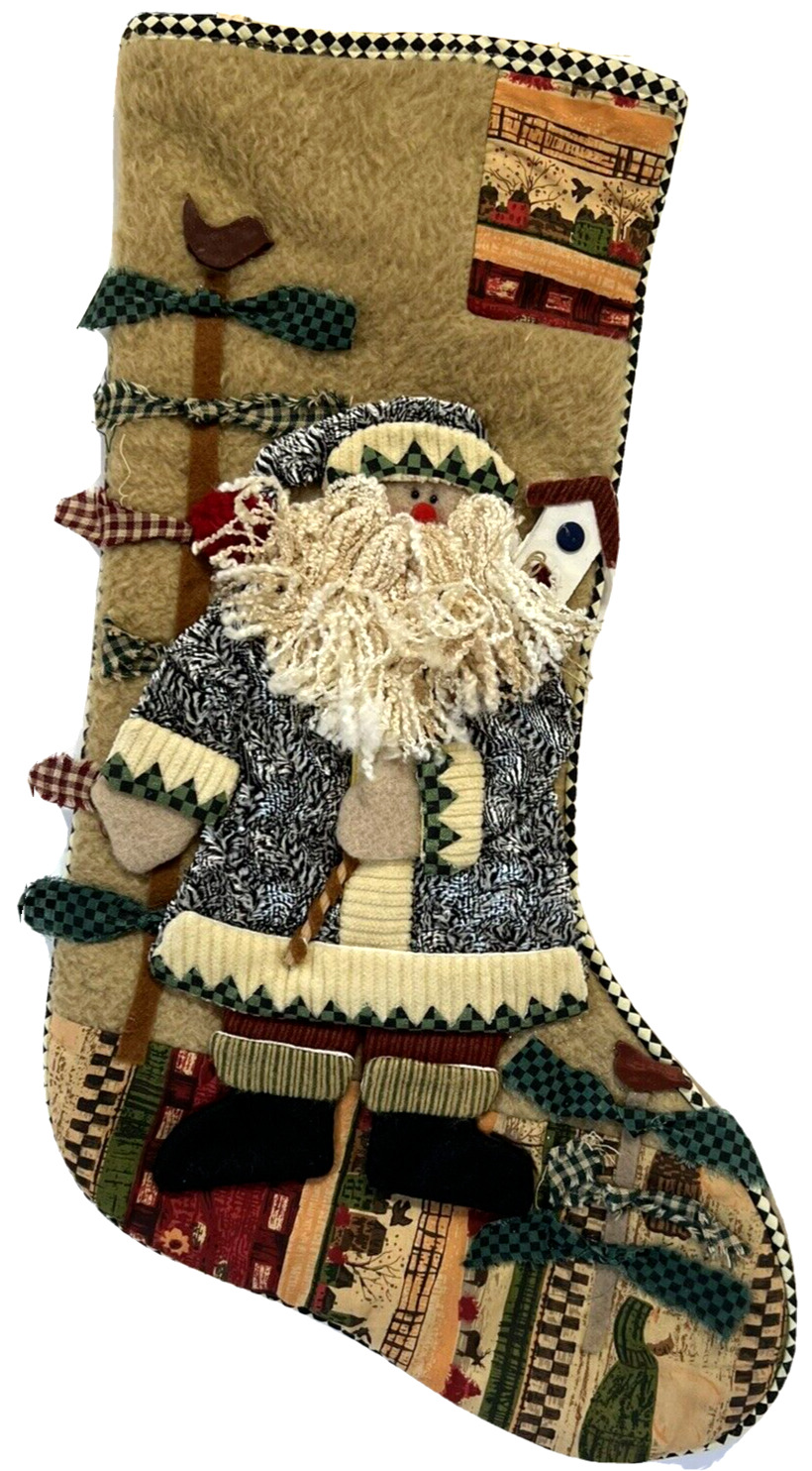 HANDCRAFTED CHRISTMAS STOCKING COUNTRY DESIGN 20 IN SANTA W/BIRDHOUSE UNUSED
