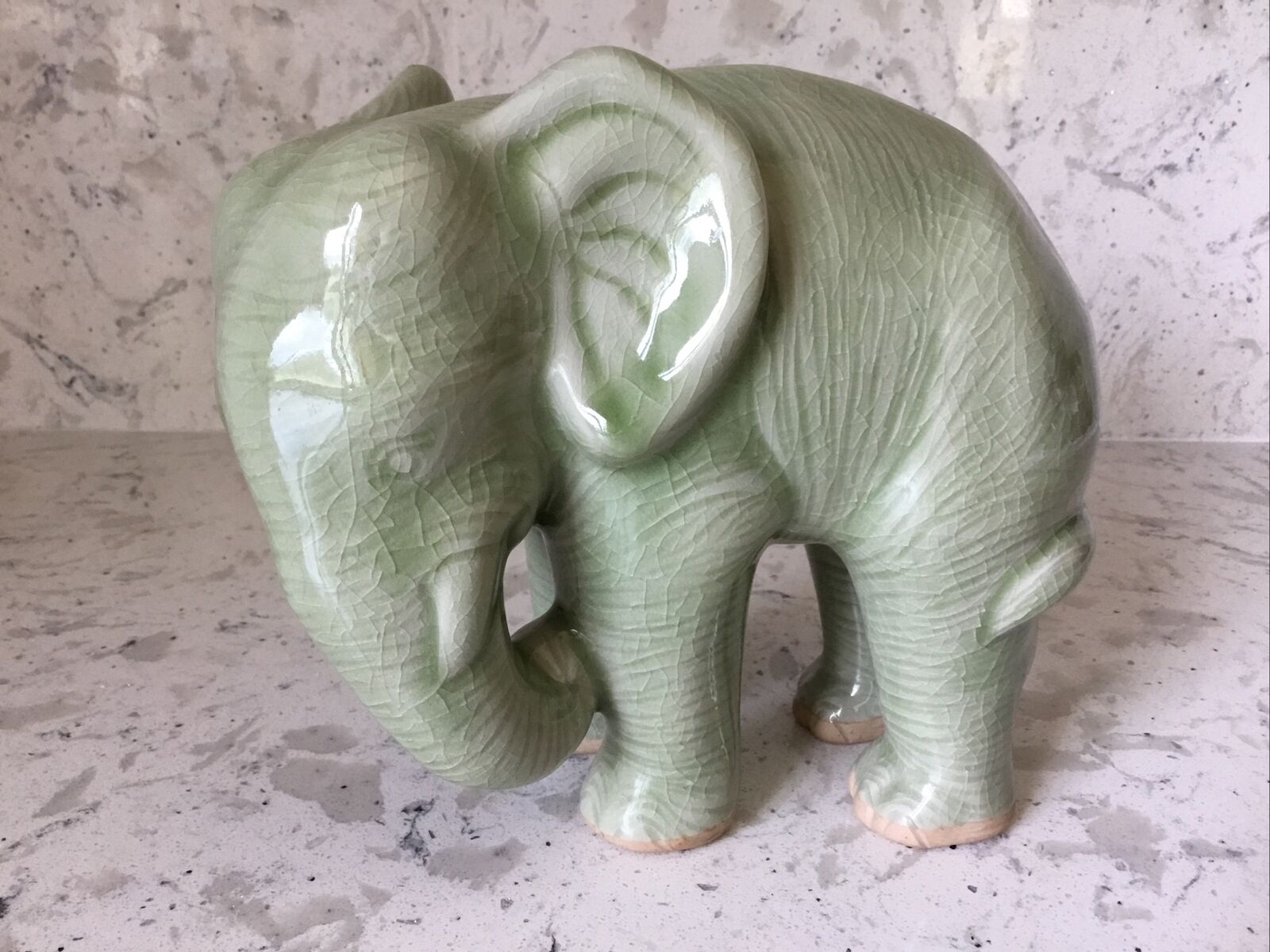 Celadon Green Elephant Sculpture Crackle Glaze Ceramic Thai 7” L x 6” Tall
