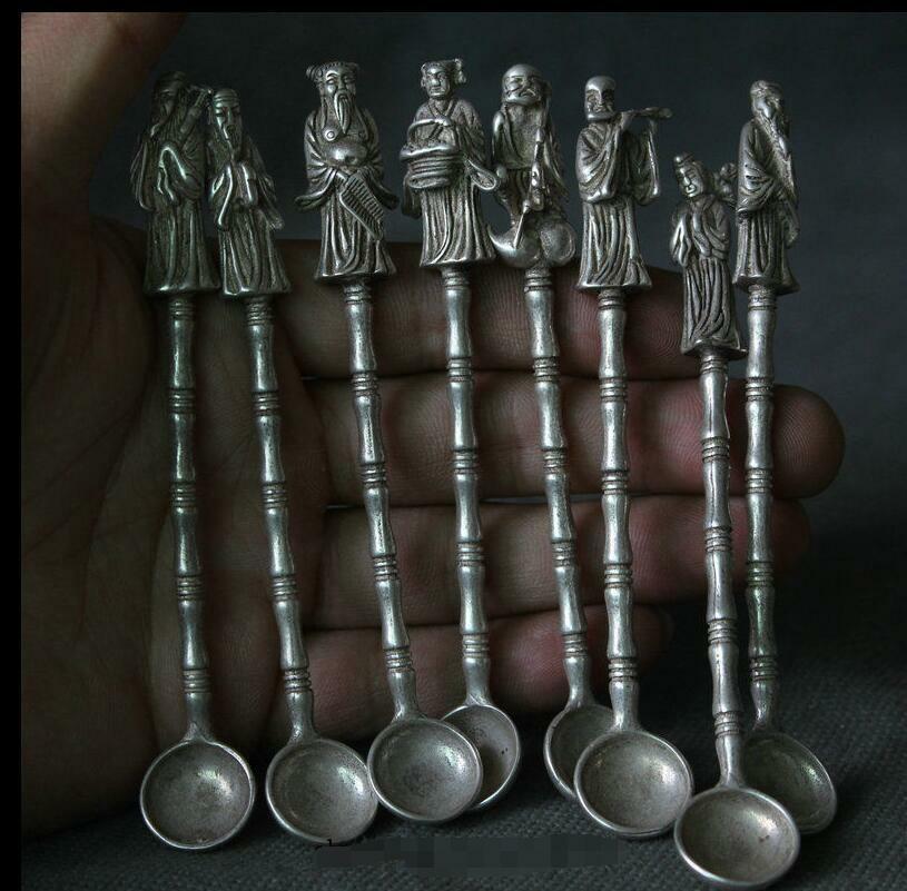 10cm China Old Miao Silver Buddhism 8 immortals God ladle scoop dipper Full Set