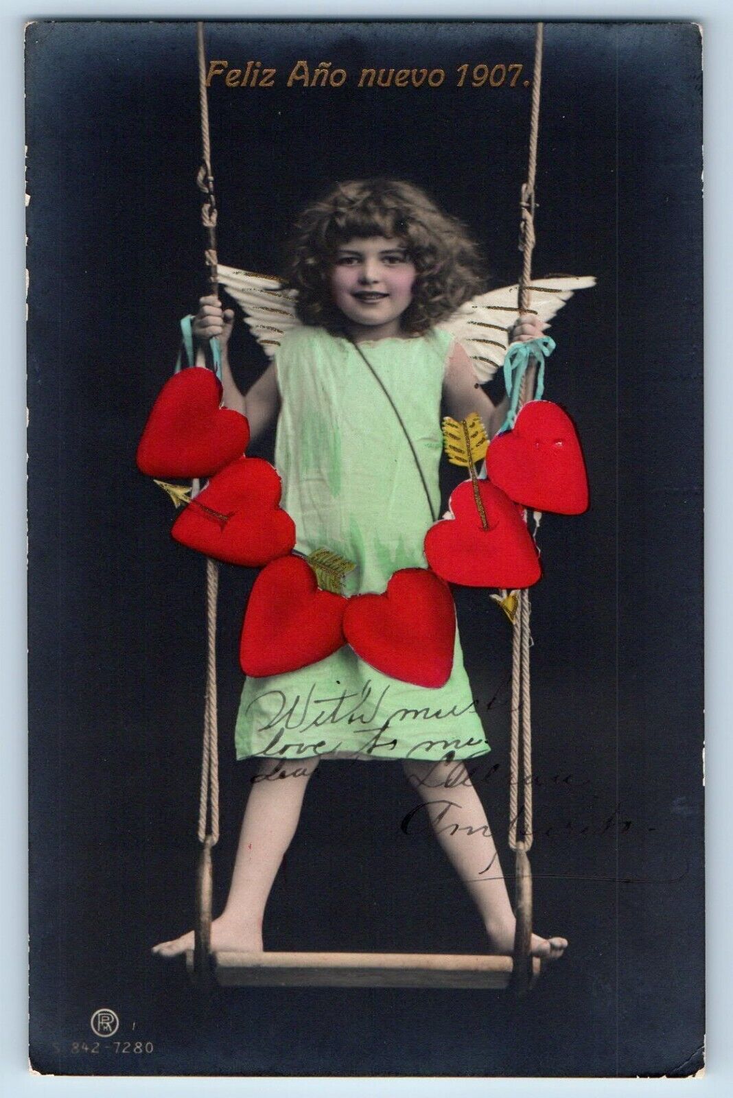 New Year Postcard RPPC Photo Angel With Hearts Swing 1911 Antique Posted