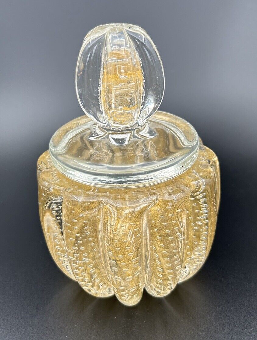 Vintage Murano Gold Powder Jar With Lid Controlled Bubbles Glass MCM Seguso