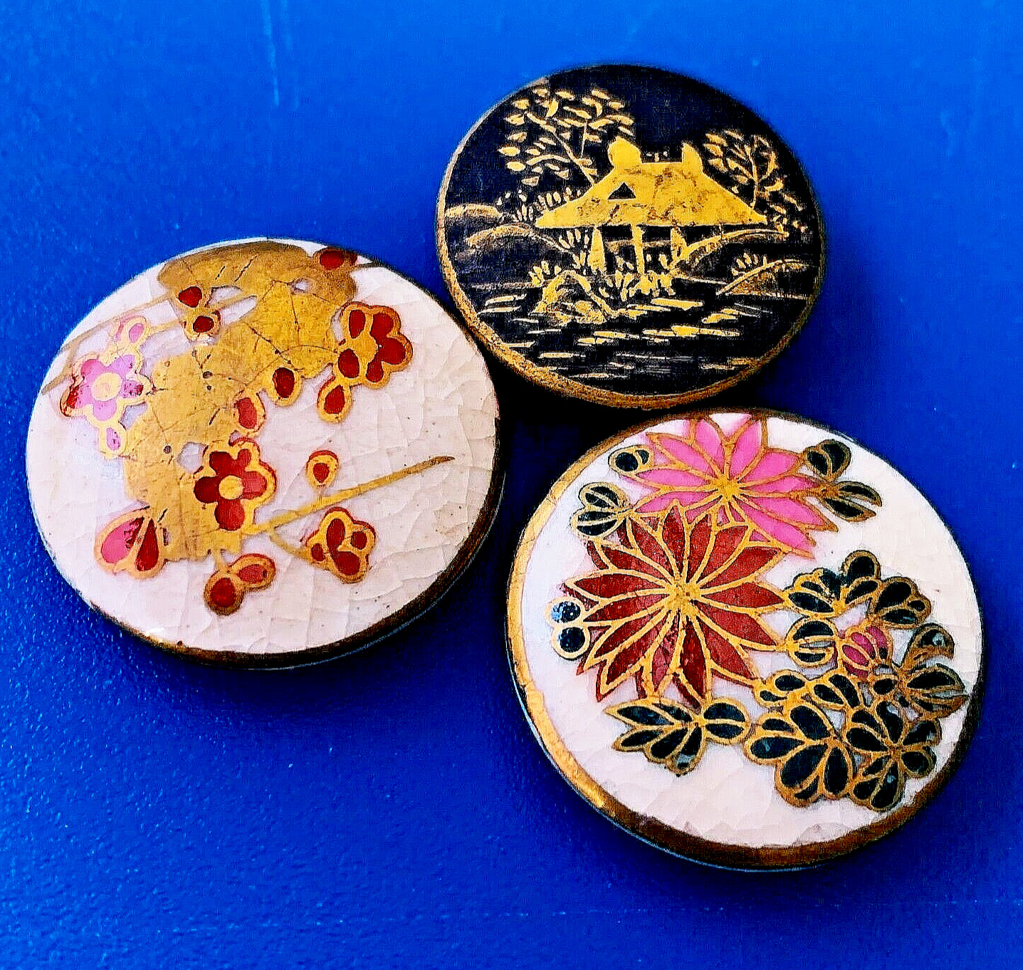 3 Vintage Hand Painted Satsuma Porcelain  Buttons