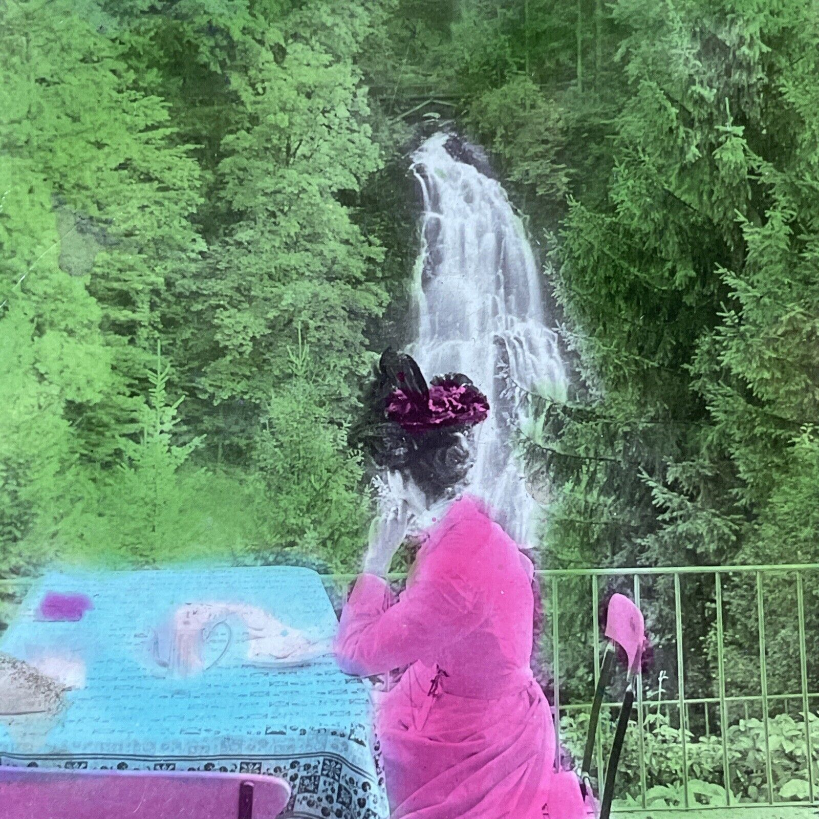Antique 1901 Woman Drinking Tea At Waterfall Stereoview Photo Card V3336