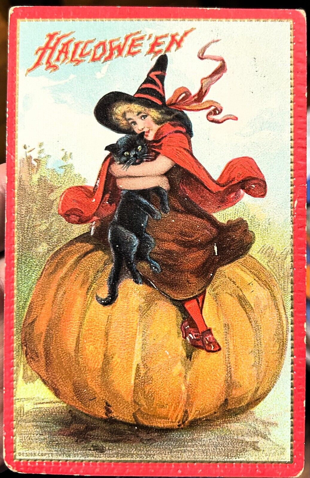 1910 Halloween Postcard Witch, Pumpkin, Black Cat (Tuck) Original