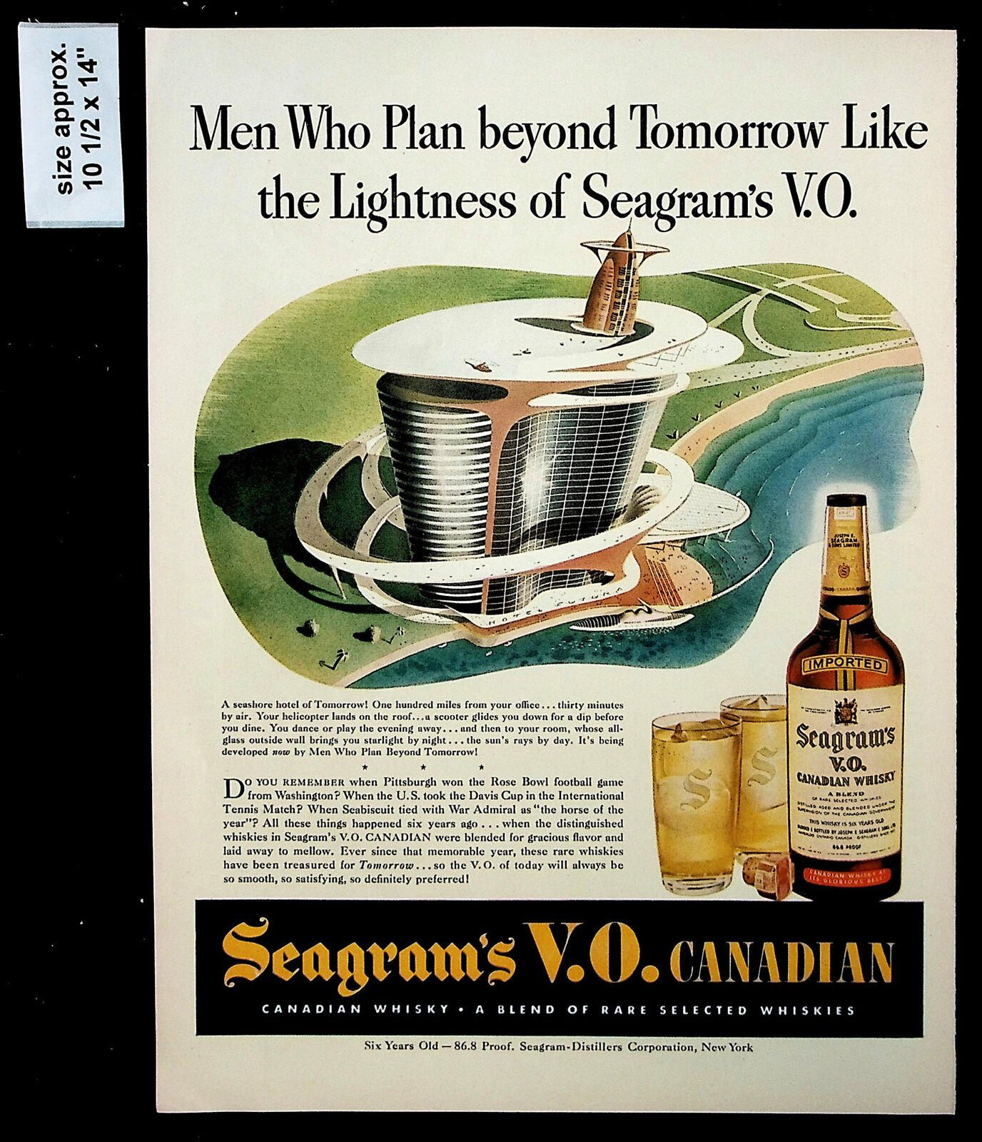 1943 Seagram\'s V.O. Canadian Whiskey Hotel Building Vintage Print Ad 37707