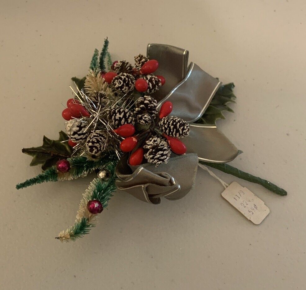 Vintage Christmas Corsage Pin Pine Cones Berries bottle brush Leaf Ribbon