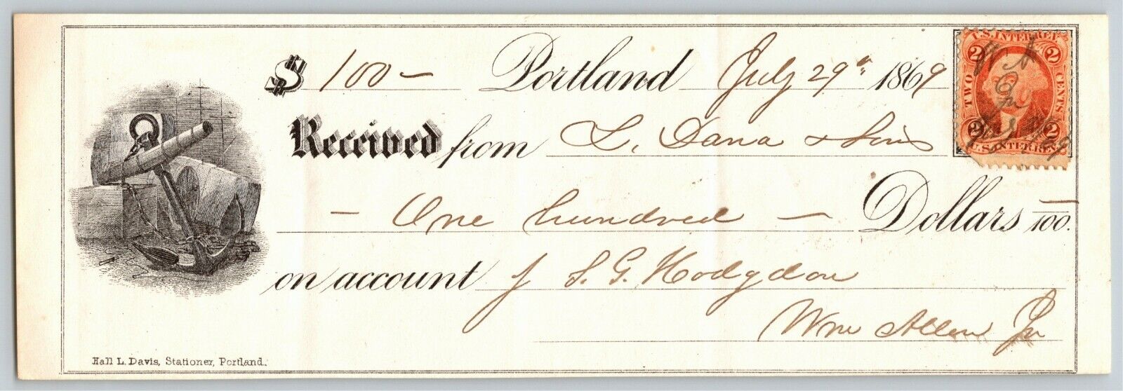 1869 Portland (Maine) $100 Bank Check w/ Anchor Vignette