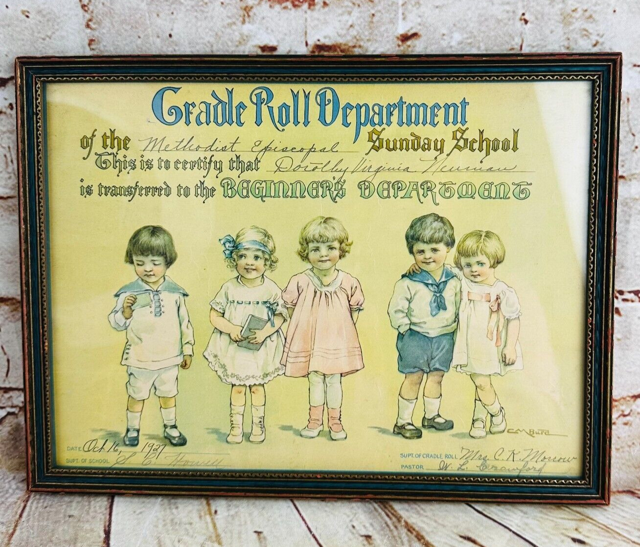 vtg Cradle Roll Department Sunday School Graduation Certificate Framed 1927