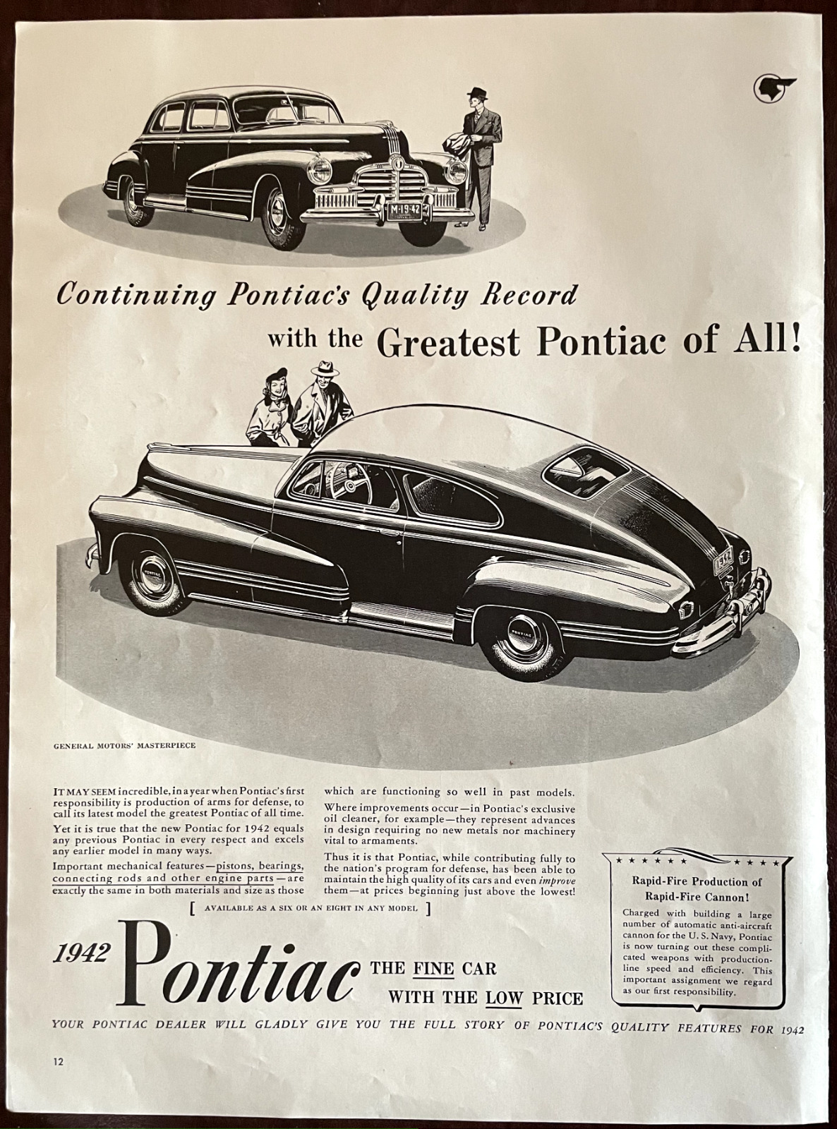 1942 Pontiac Vintage Print Ad Fine Car with the Low Price from 1941