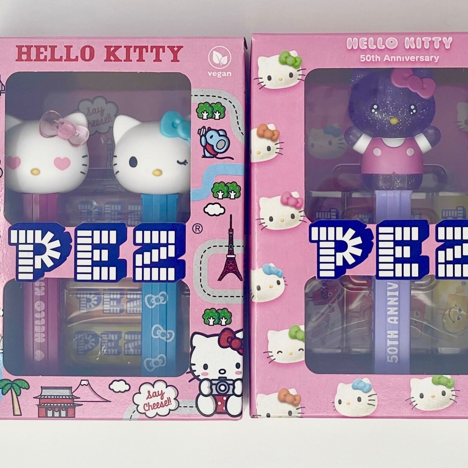 Set of 2 Hello Kitty Boxes – 50th Anniversary Purple Crystal & Hearts/Blinking
