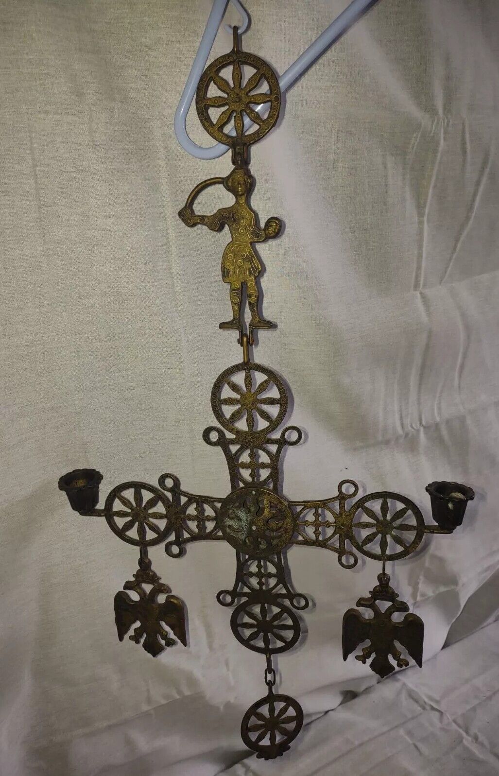 Vintage Byzantine Cross 2 Faced Eagles Wall Hanging Candle Holder