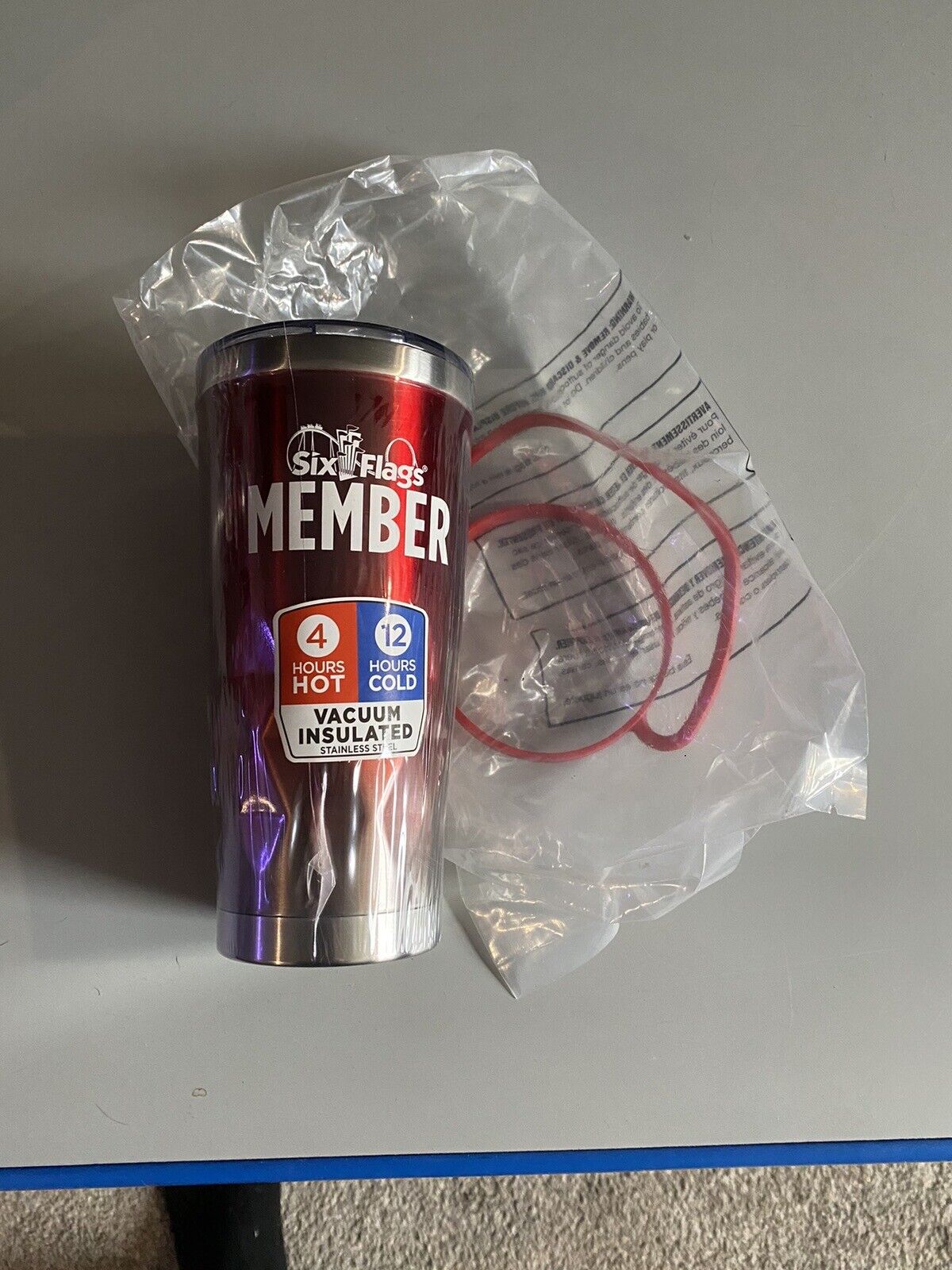 Six Flags Member 20oz Stainless Steel Tumbler Free Unlimited Refills RARE Sealed