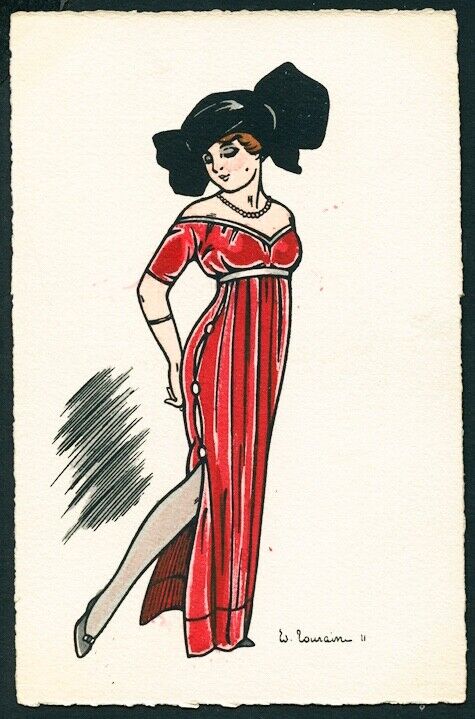 French 1915 Art Nouveau Era HAND Applied WATERCOLORS Fashion Plate Red Dress