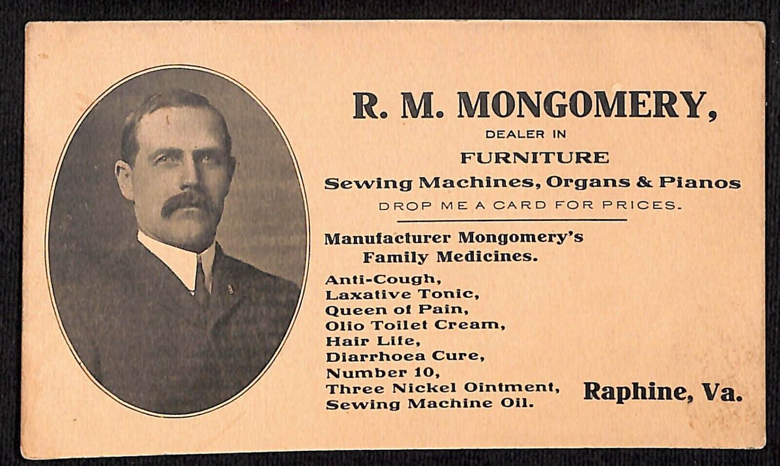 Raphine, VA Trade Card R.M. Mongomery Furniture Sewing Machines Pianos c1902