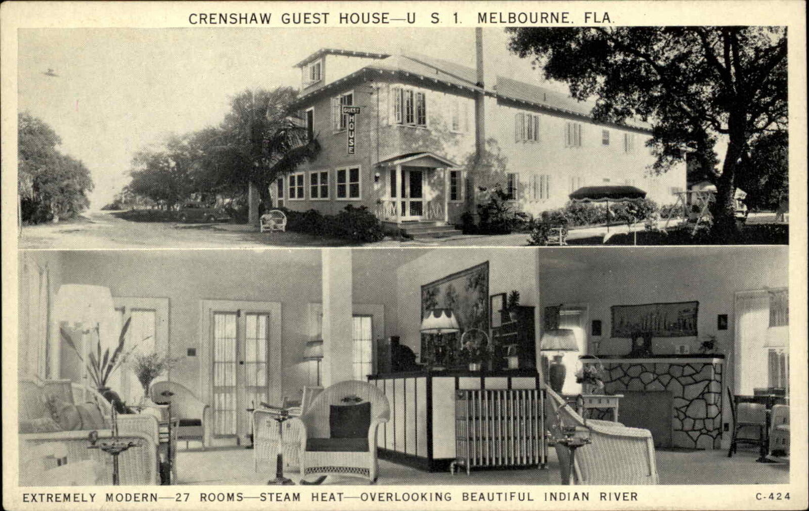 Melbourne Florida FL Hotel Interior View c1930s-50s Postcard