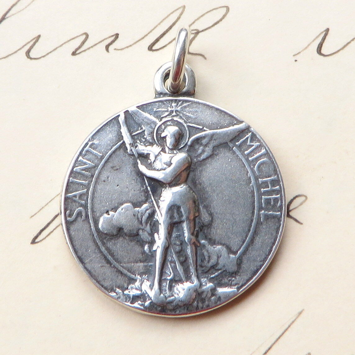 St Michael the Archangel Medal - Sterling Silver Antique Replica
