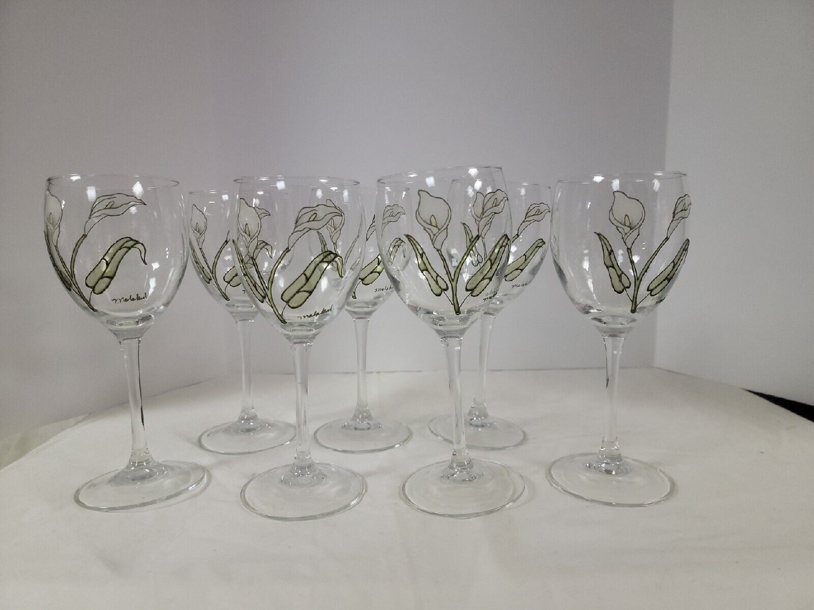 Lot 7 Malakul Hand Painted Peace Lily Wine Glasses Glassware 8in