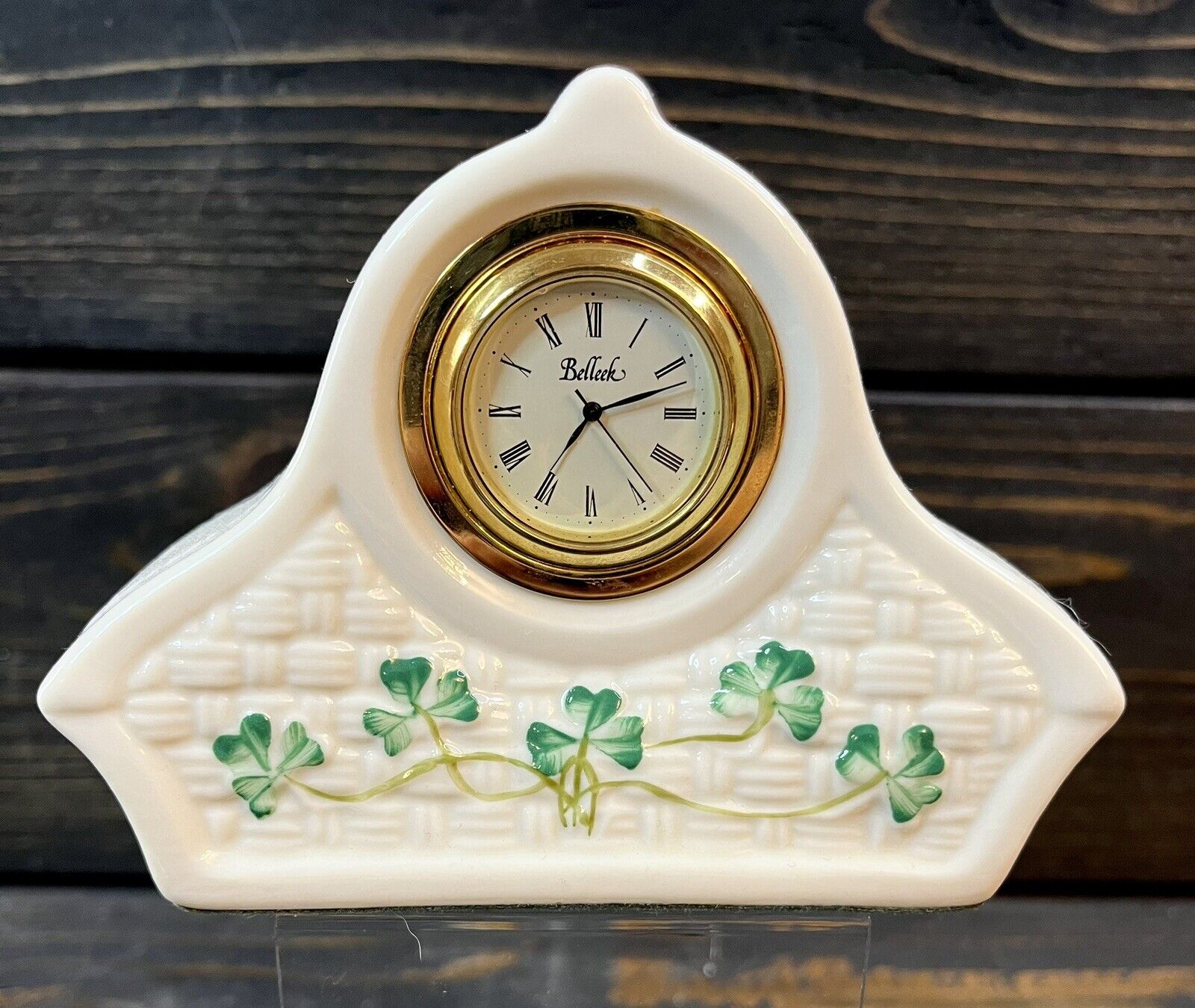 Belleek Shamrock Irish Ceramic Desk Clock 4” Tall Green Clover Untested