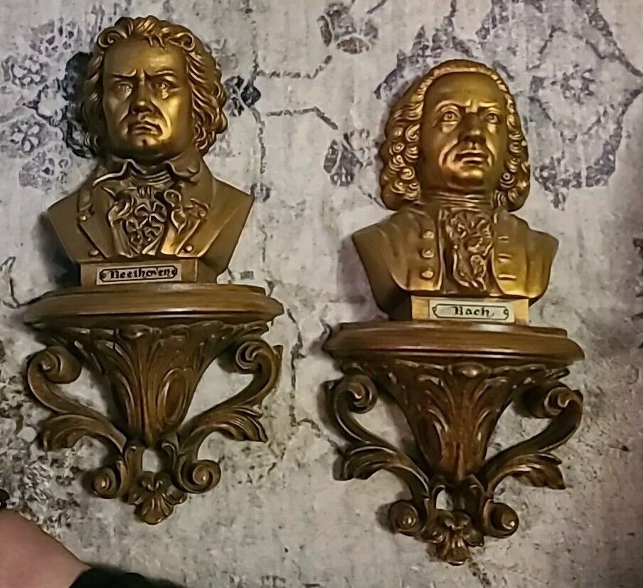 2 VINTAGE 1973 BURWOOD 3D Wall Hanging Plaques BEETHOVEN & BACH Busts 12\