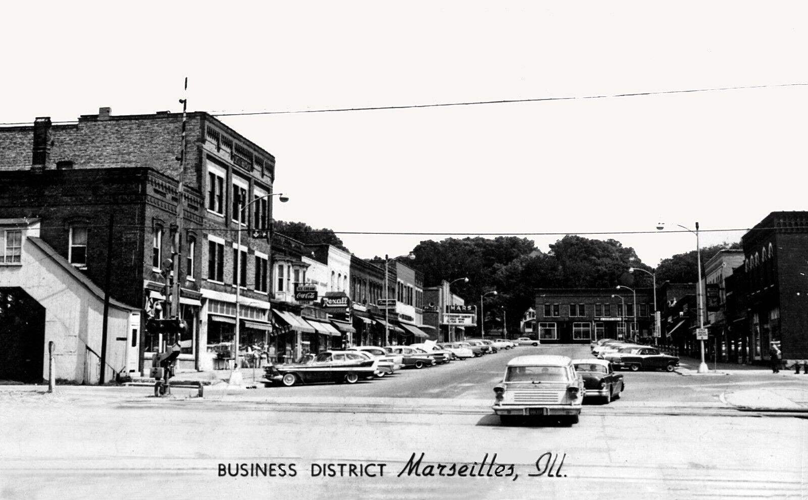 Postcard Marseilles, Illinois Street Scene Store Fronts Cars Reprint #10163
