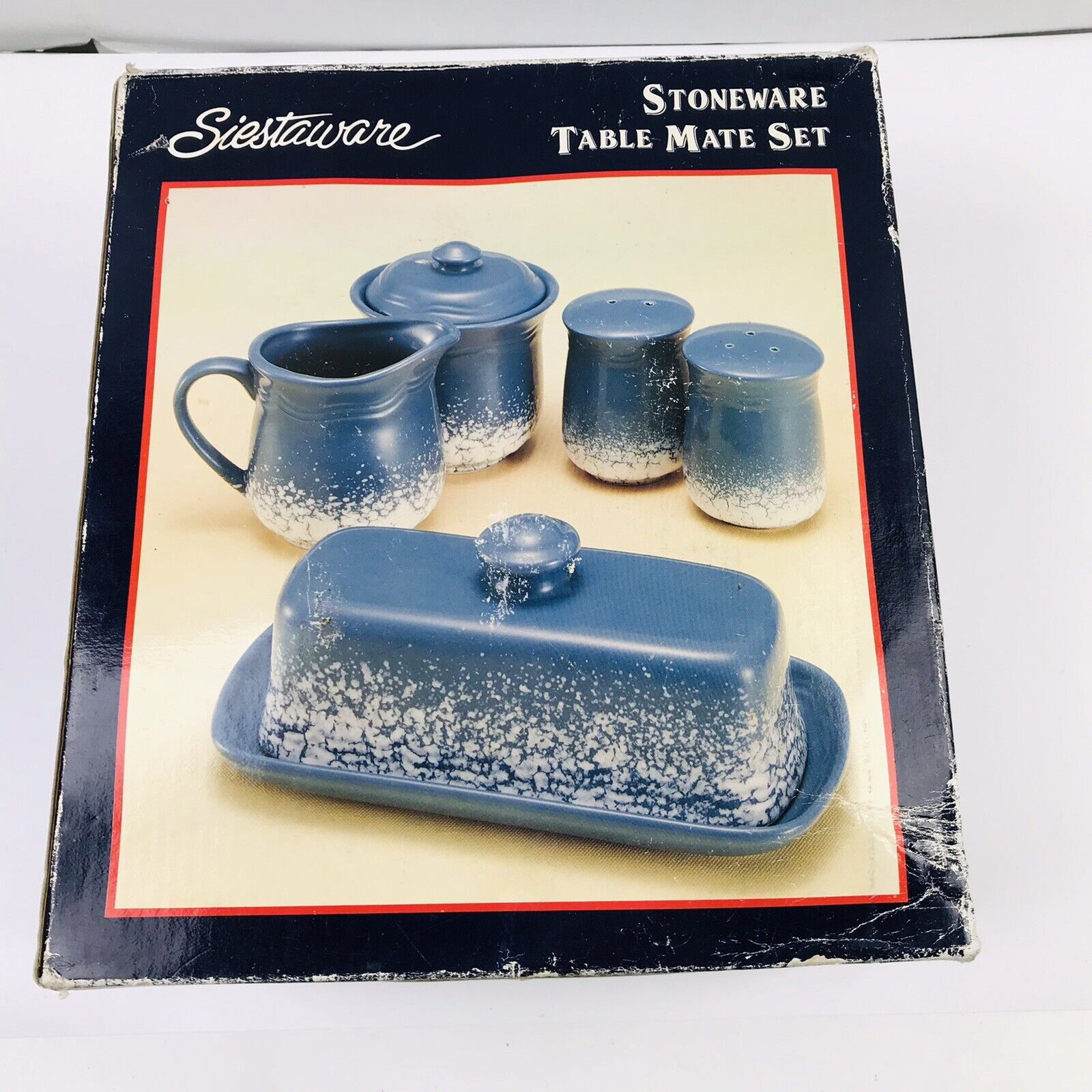 Vintage Siestaware Stoneware 5 Piece Table Mate Set Blue Flocked Set NOS